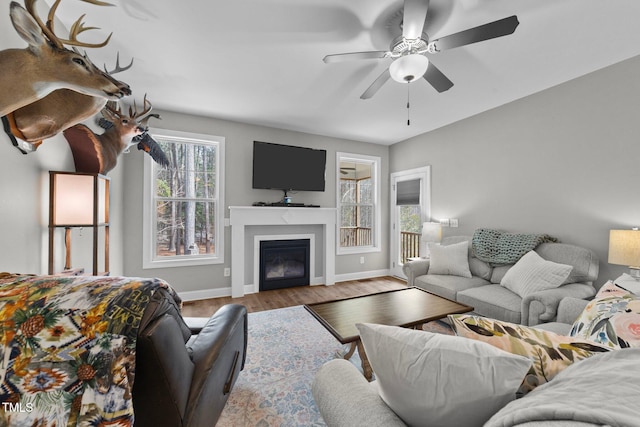 living room with ceiling fan and light hardwood / wood-style floors