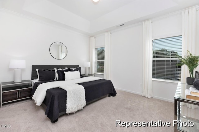 carpeted bedroom with ornamental molding and a raised ceiling