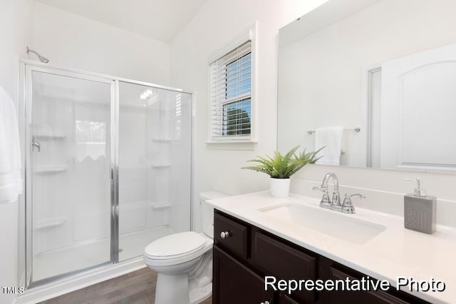 bathroom featuring vanity, toilet, an enclosed shower, and wood-type flooring