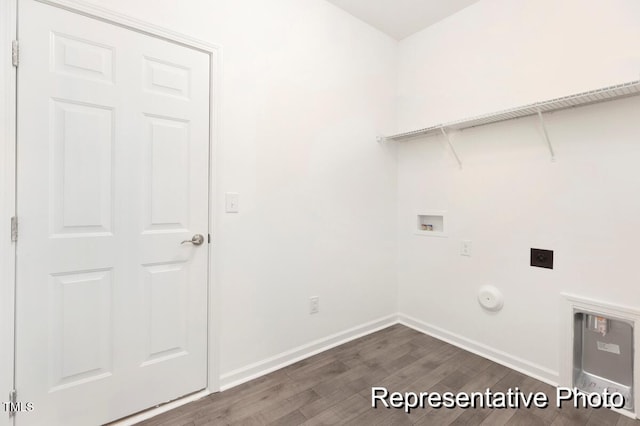 laundry room with washer hookup, hookup for a gas dryer, hookup for an electric dryer, and dark hardwood / wood-style flooring