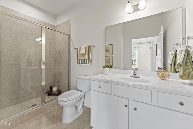 bathroom with tile patterned floors, toilet, walk in shower, and vanity