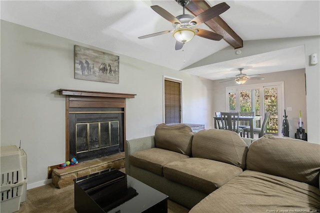 living room with ceiling fan, carpet, and lofted ceiling with beams