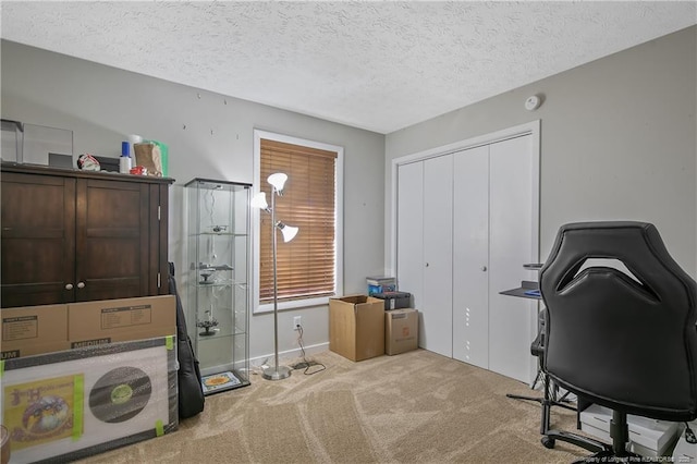 office area featuring light colored carpet and a textured ceiling