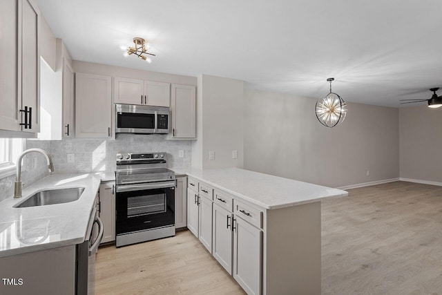 kitchen with kitchen peninsula, sink, decorative light fixtures, tasteful backsplash, and stainless steel appliances