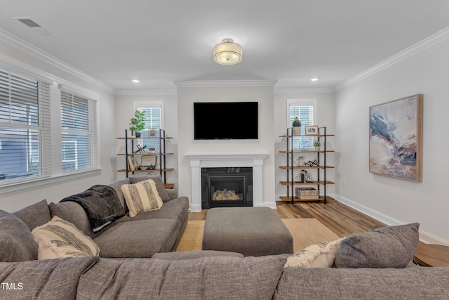 living room featuring a glass covered fireplace, wood finished floors, visible vents, and ornamental molding