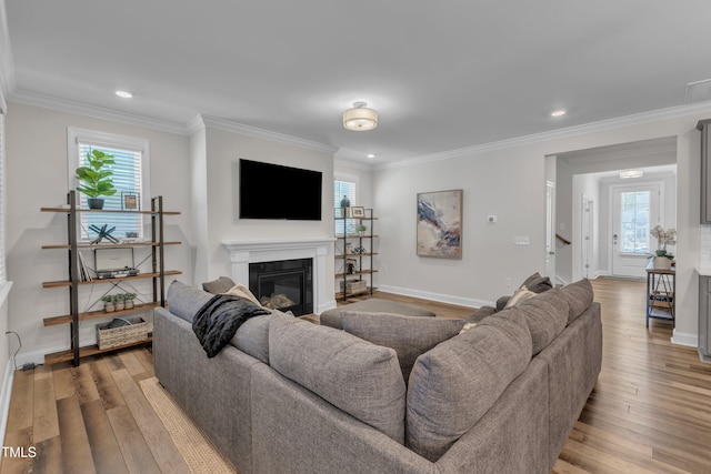 living area featuring light wood finished floors, a glass covered fireplace, and ornamental molding