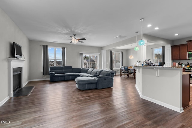 living room with ceiling fan and dark hardwood / wood-style floors