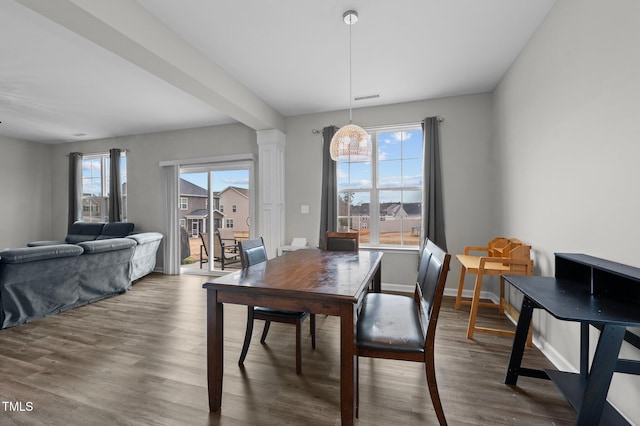 dining area with plenty of natural light and dark hardwood / wood-style flooring