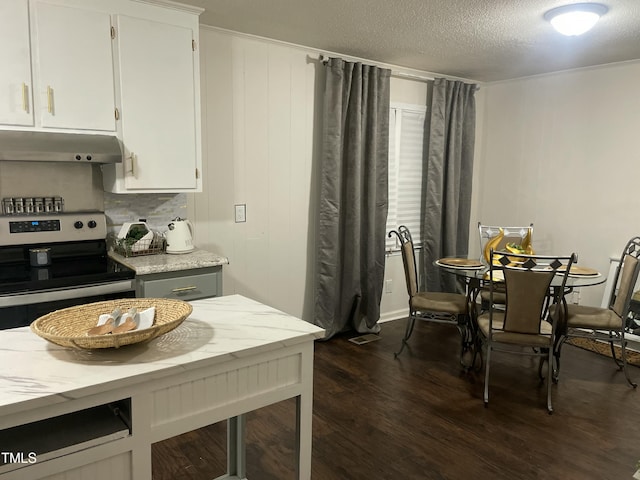 kitchen featuring light stone counters, a textured ceiling, stainless steel electric range, dark hardwood / wood-style floors, and white cabinets