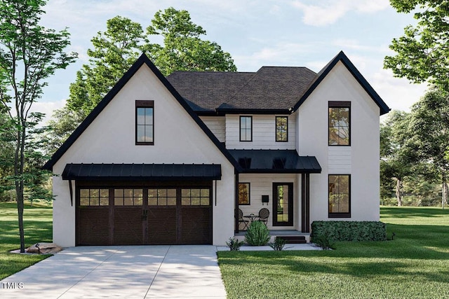 modern inspired farmhouse featuring a front yard and a porch