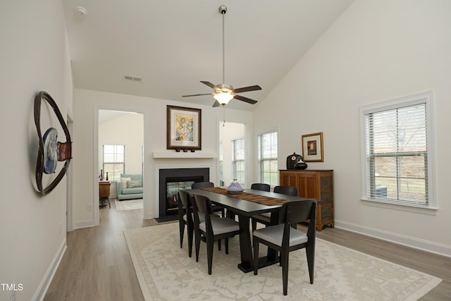 978 Bonanza Ln Unit 163, Mebane, NC 27302 - dining room featuring ceiling fan, high vaulted ceiling, a wealth of natural light, and light wood-type flooring
