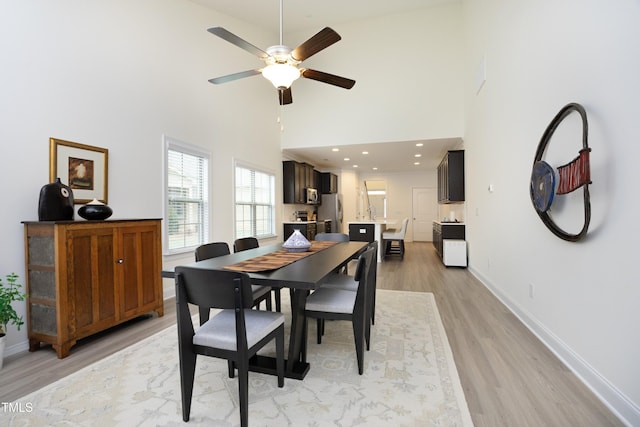 978 Bonanza Ln Unit 163, Mebane, NC 27302 - dining room with a high ceiling, ceiling fan, and light hardwood / wood-style floors