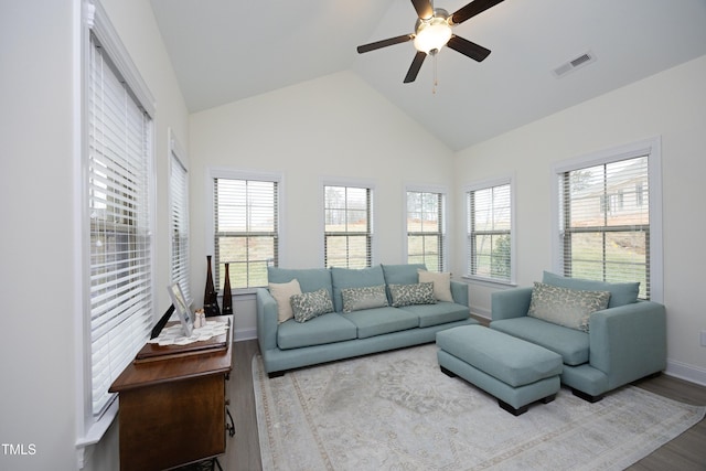 978 Bonanza Ln Unit 163, Mebane, NC 27302 - living room with hardwood / wood-style flooring, ceiling fan, plenty of natural light, and high vaulted ceiling