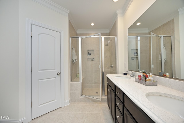 978 Bonanza Ln Unit 163, Mebane, NC 27302 - bathroom with tile patterned flooring, vanity, a shower with shower door, and ornamental molding
