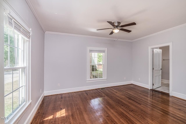 spare room with ceiling fan, crown molding, and dark wood-type flooring