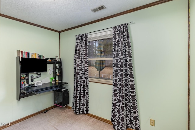 interior space with ornamental molding, carpet floors, and a textured ceiling