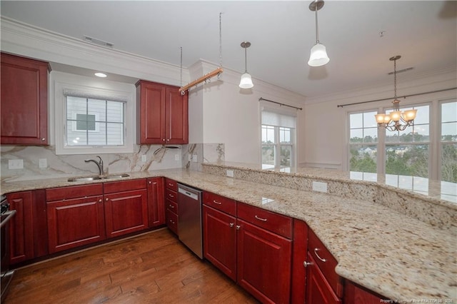 kitchen with crown molding, dark wood-style flooring, a sink, and stainless steel dishwasher