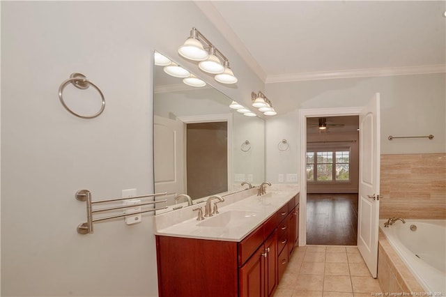 bathroom with tiled bath, a sink, ornamental molding, tile patterned floors, and double vanity