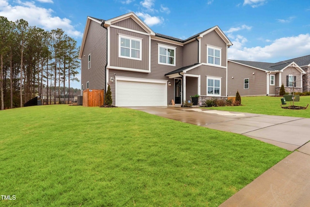 craftsman house featuring central AC, a garage, and a front lawn