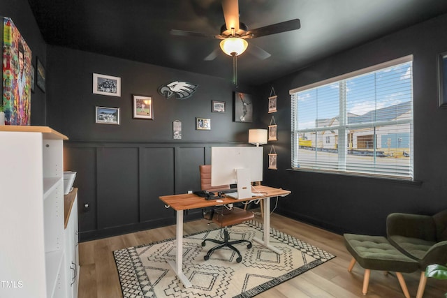 office featuring light hardwood / wood-style flooring and ceiling fan