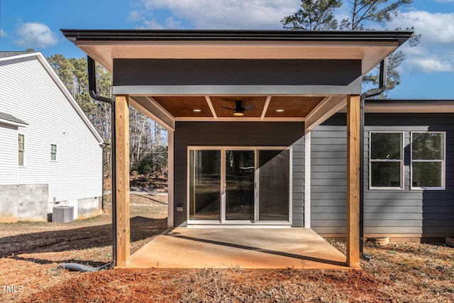 back of property featuring central AC, ceiling fan, and a patio