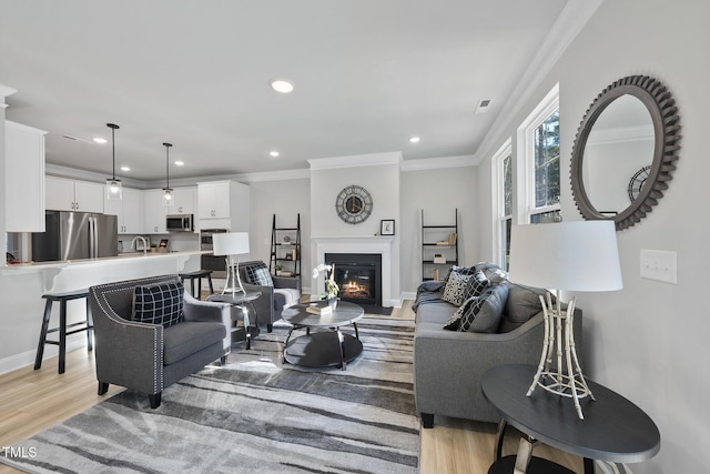 living room featuring sink, ornamental molding, and light hardwood / wood-style floors