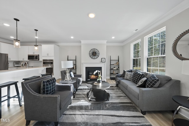 living room featuring crown molding, sink, and light hardwood / wood-style flooring