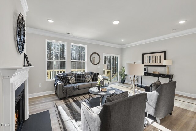 living room with crown molding and light hardwood / wood-style floors