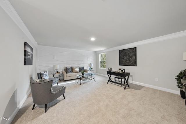 living room with light carpet and ornamental molding