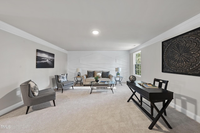 living room featuring crown molding and light carpet