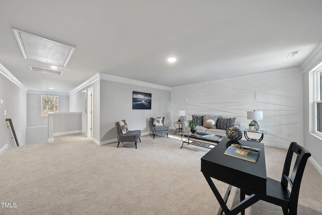 carpeted living room with ornamental molding and a wealth of natural light