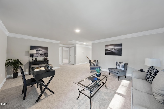 carpeted living room featuring crown molding