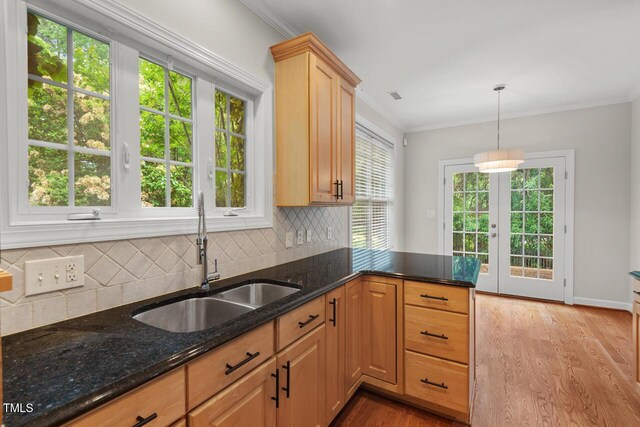 kitchen with ornamental molding, tasteful backsplash, a sink, and light wood-style floors