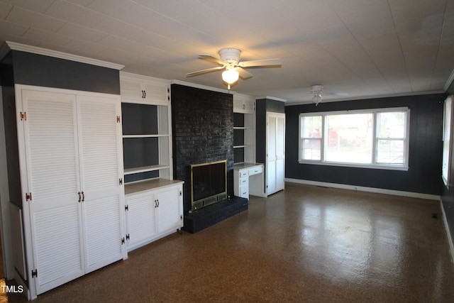 unfurnished living room featuring a fireplace and ceiling fan