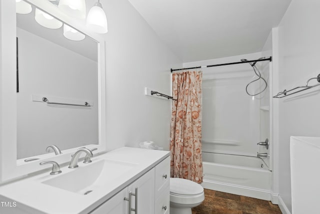 full bathroom featuring toilet, vanity, and shower / bath combination with curtain