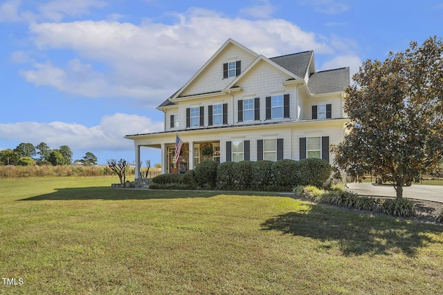 view of front facade featuring a porch and a front lawn