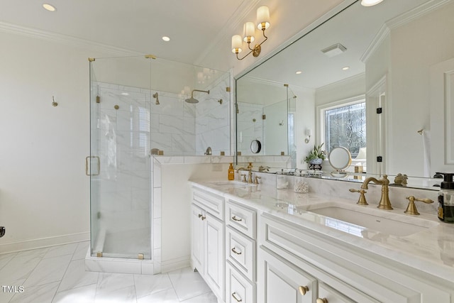 bathroom featuring crown molding, vanity, and a shower with shower door