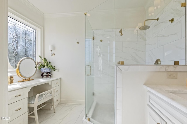 bathroom with crown molding, vanity, and a shower with shower door