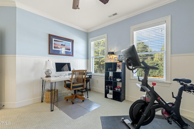 office featuring crown molding and ceiling fan