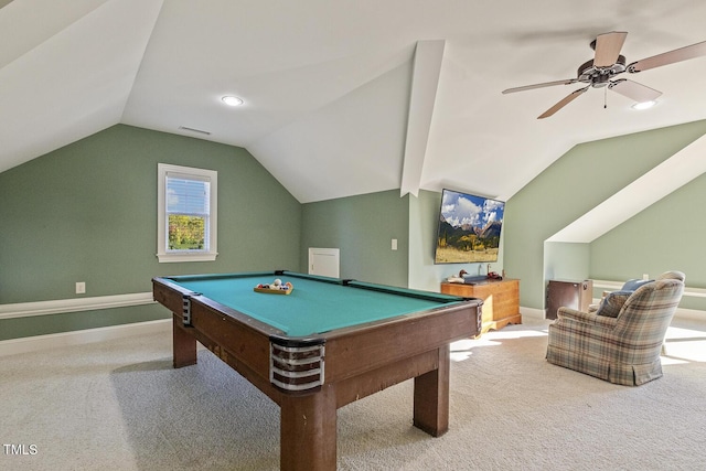 recreation room featuring lofted ceiling, billiards, ceiling fan, and carpet