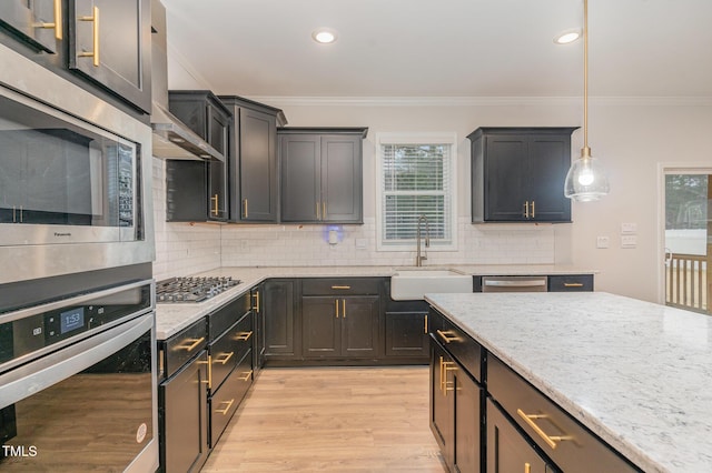 kitchen featuring stainless steel appliances, ornamental molding, a sink, and light wood-style flooring