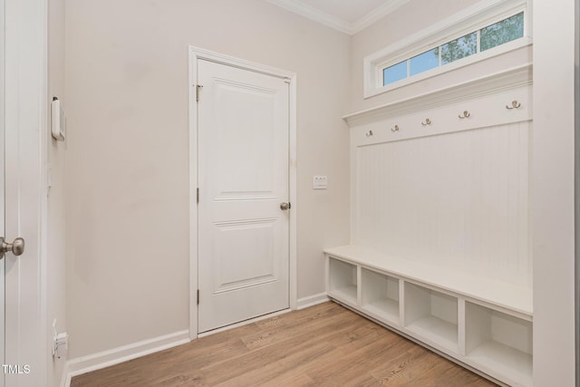 mudroom featuring light wood-type flooring, crown molding, and baseboards