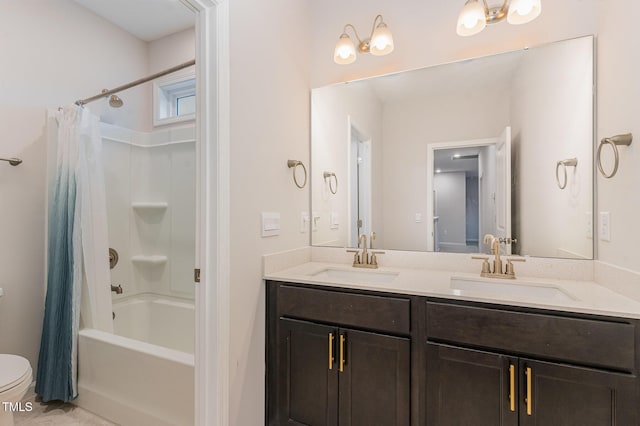 full bathroom with toilet, shower / bath combination with curtain, double vanity, and a sink