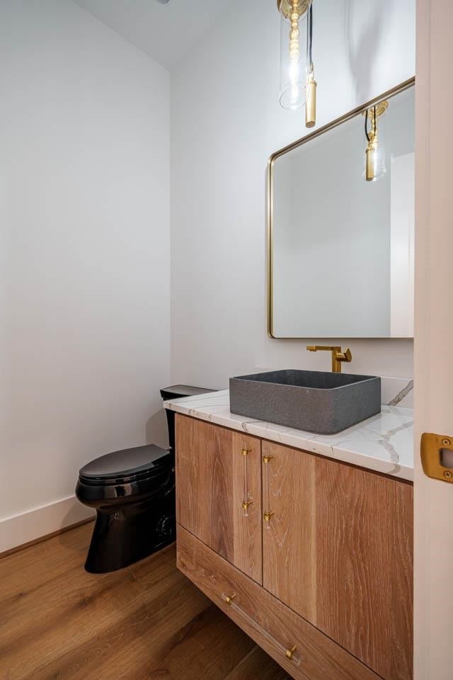 bathroom with vanity, wood-type flooring, and toilet