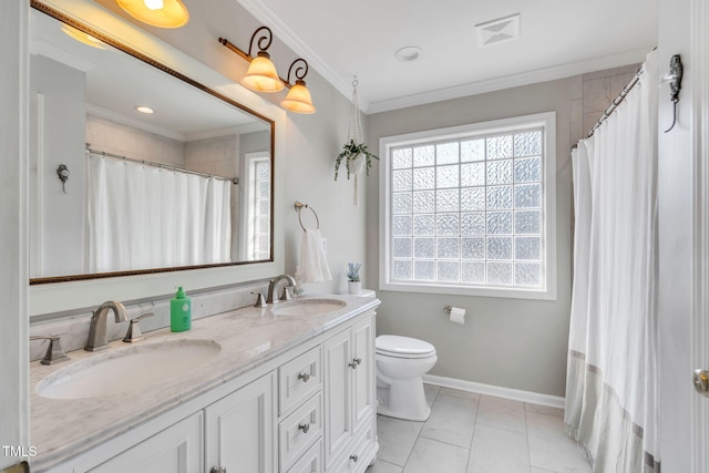 bathroom with toilet, crown molding, vanity, curtained shower, and tile patterned flooring