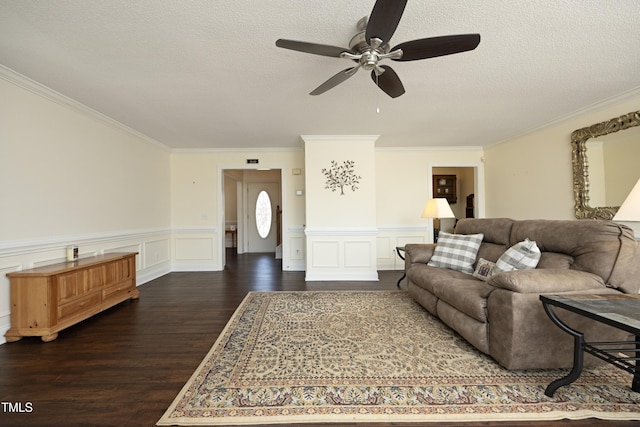 living area featuring dark wood finished floors, a wainscoted wall, a textured ceiling, and ornamental molding