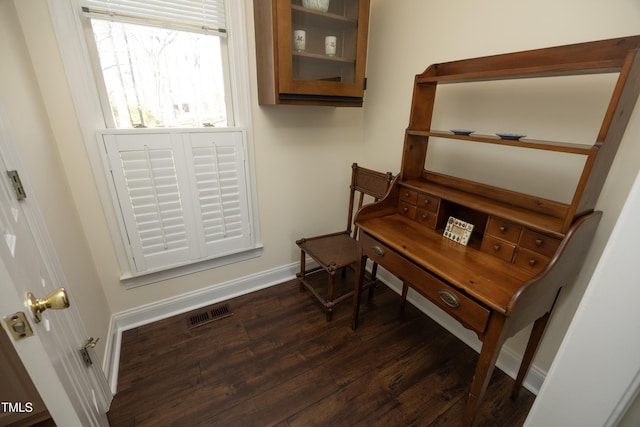 interior space featuring visible vents, baseboards, and dark wood finished floors