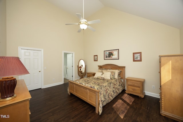 bedroom with baseboards, high vaulted ceiling, and dark wood-style flooring