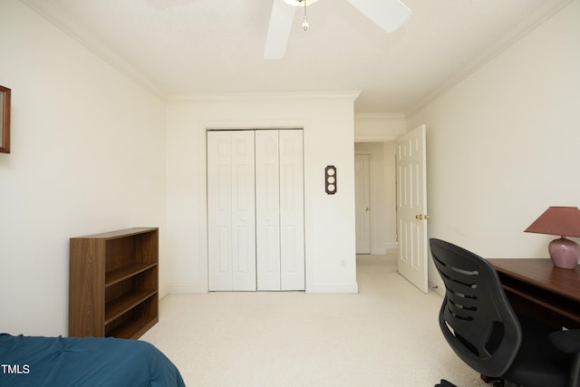 office with ceiling fan, crown molding, baseboards, and light carpet