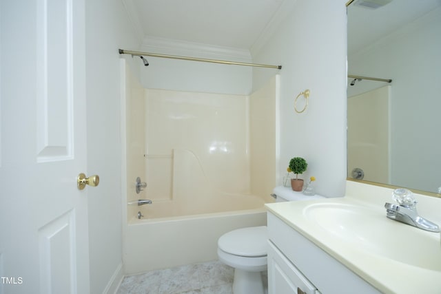 full bathroom featuring vanity, tub / shower combination, ornamental molding, tile patterned floors, and toilet